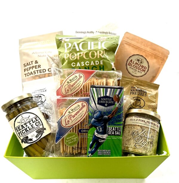 Superbowl Snack Basket - filled with mainly savory snacks for game day.