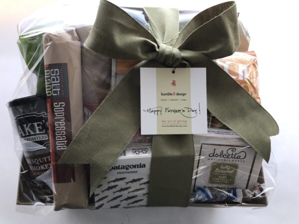 West Coast Basket for Father's Day - bumble B design - sweet & savory snacks from CA, WA, & OR.