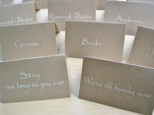 Wedding place cards on recycled kraft paper