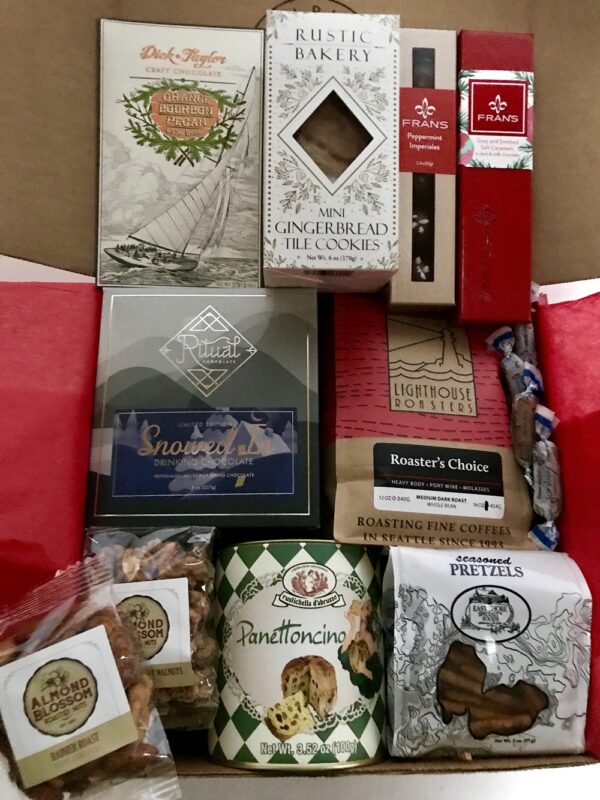 Holiday Celebration Box - holiday snacks, panettone, Lighthouse Roasters coffee, Fran's Chocolates, & drinking chocolate