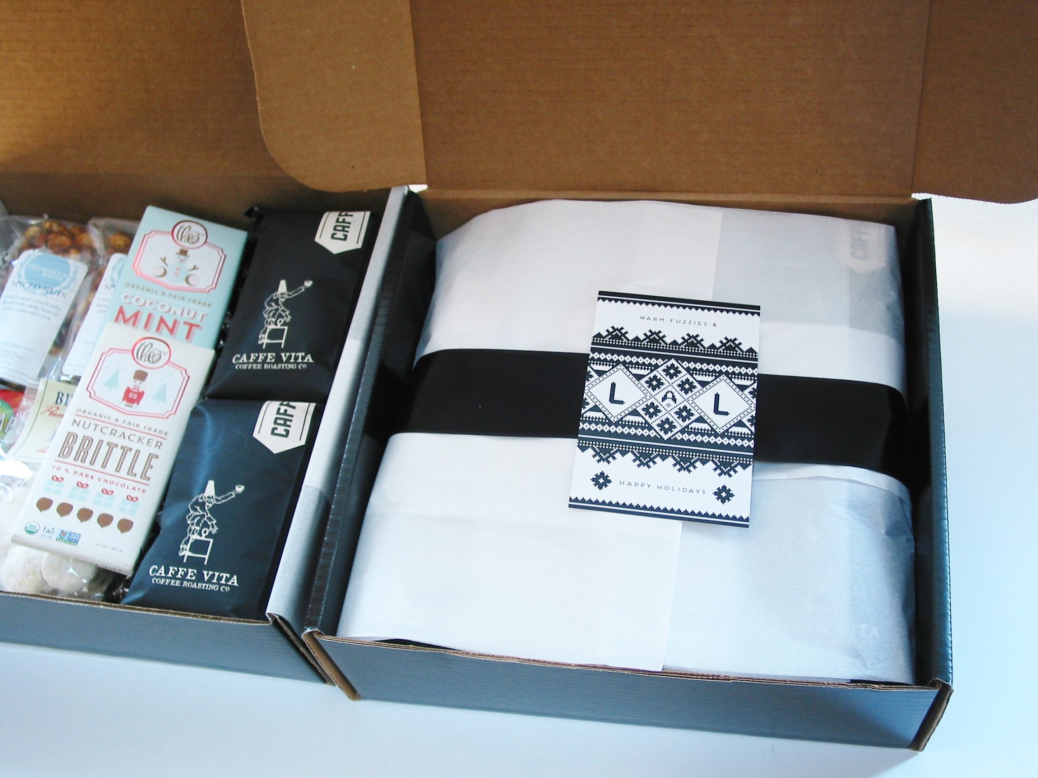 bumble B design's Custom Business Gift Boxes with Caffe Vita coffee, Theo chocolate & other local goodies