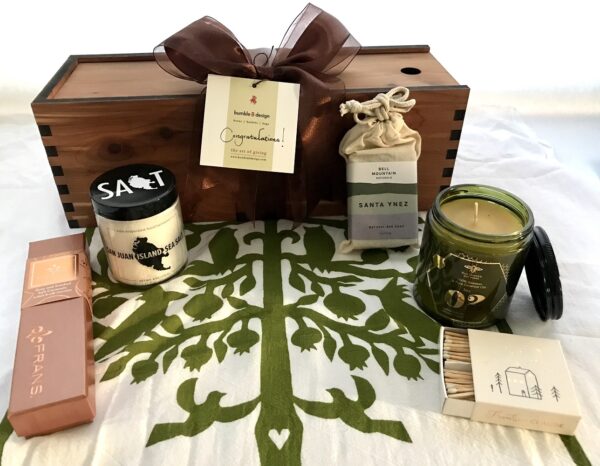 Eco-friendly Housewarming Gift Box - $150 : beautiful cedar wine box filled with housewarming products: San Juan Sea Salt, screen-printed tree towel, beeswax candle, Fran's Caramels, & more.