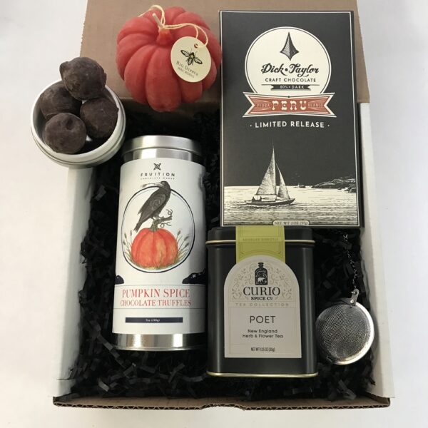 Autumn Reflection Gift Box with chocolate spiced truffles, craft chocoltae bar, herbal tea & tea strainer, & hand carved beeswax pumpkin